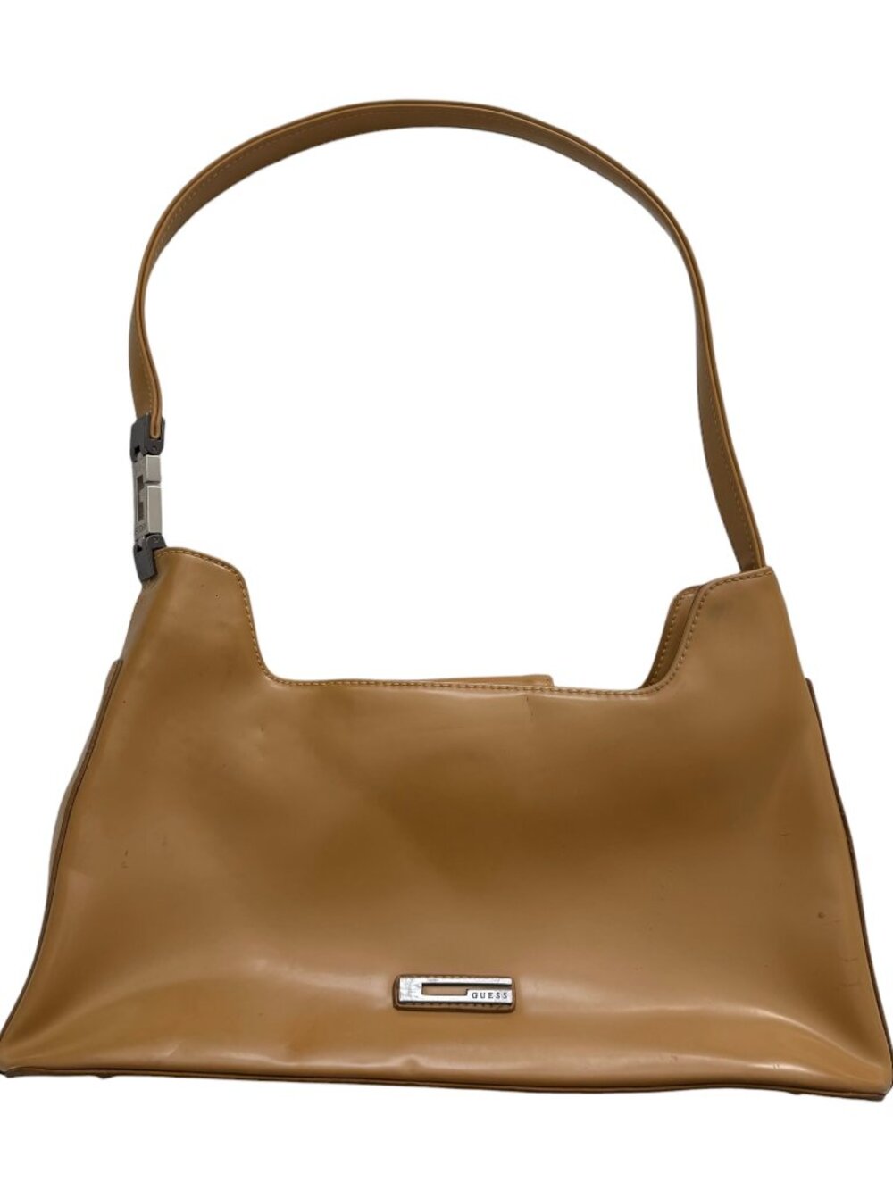 Vintage 90s Y2K Guess Shoulder Bag Baguette Purse Camel Tan Faux Patent Leather